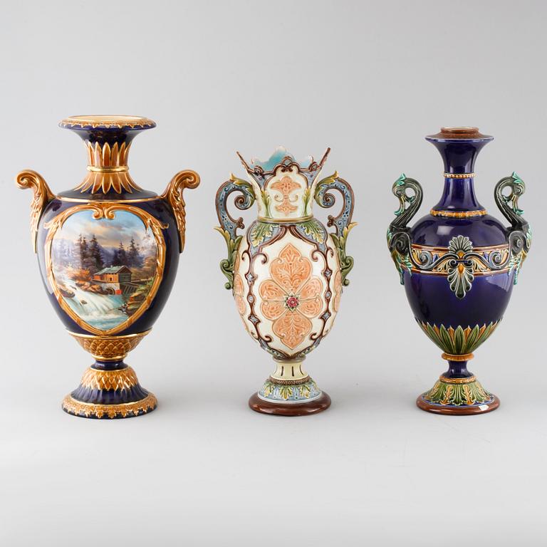 Three majolica vases from Rörstrand and Gustavsberg, around the turn of the century 1900.