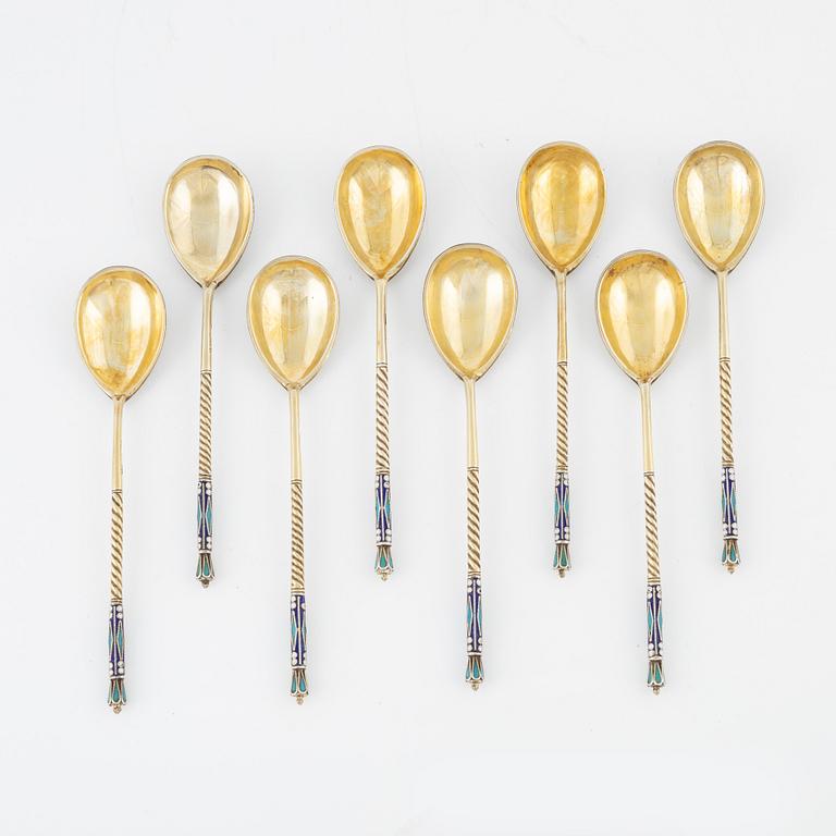 Eight Russian gilded silver and enamel spoons, Moscow, 1896-1908.