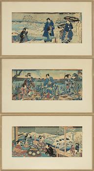 Utagawa School, a set of three woodblock print triptychs, later part of the 19th Century.