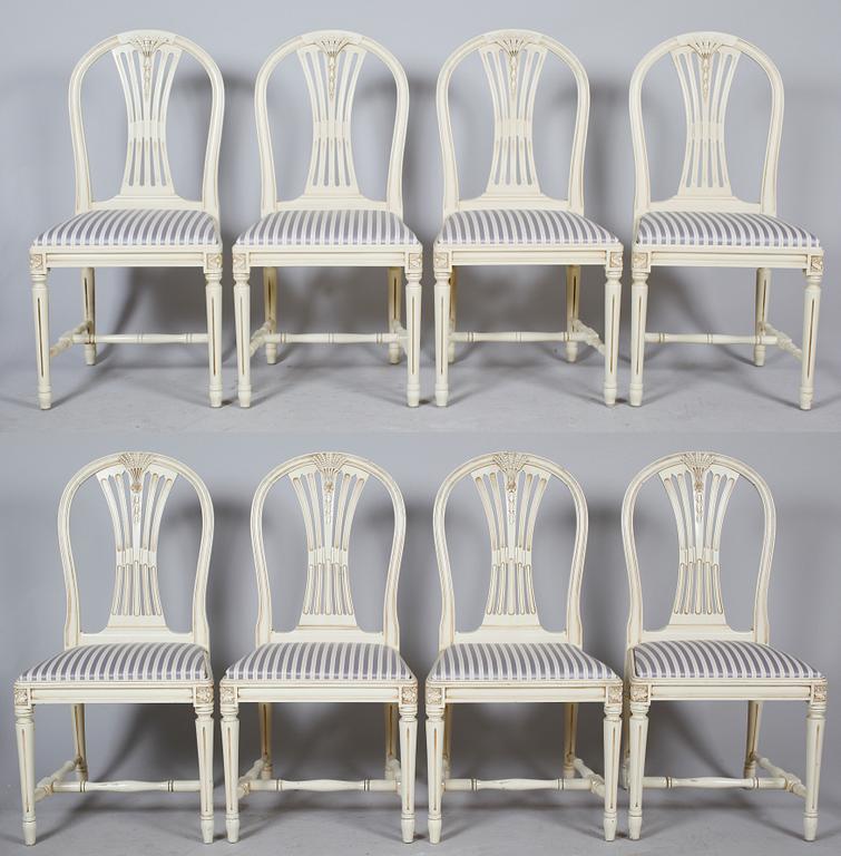 MATSALSMÖBEL, 9 del, gustaviansk stil, 1900-talets andra hälft, enligt uppgift tillverkad av Chamberts Möbelverkstad.