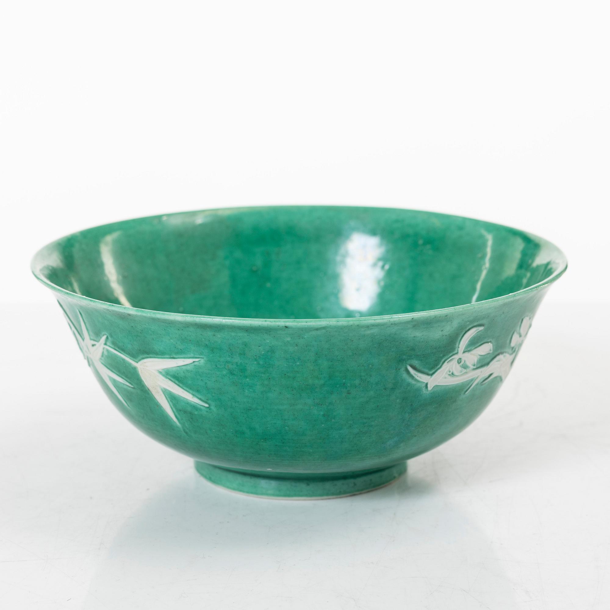 A Chinese green glazed 'three friends of winter' bowl, Republic, 20th century.