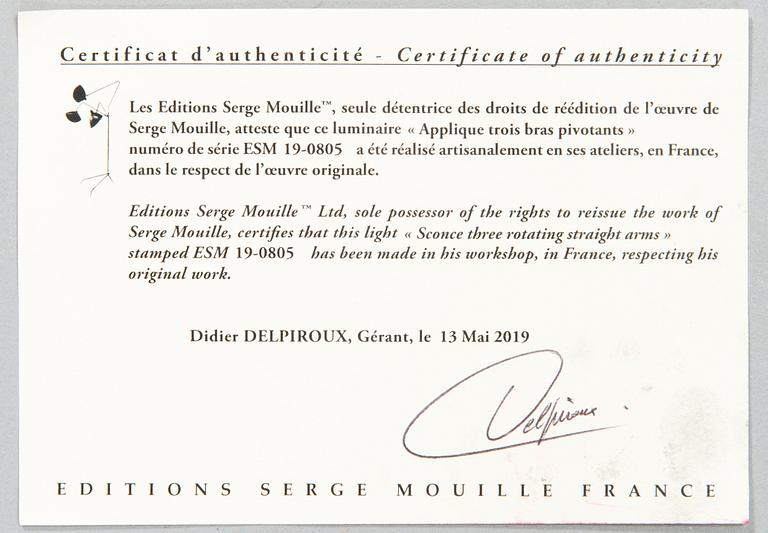 Serge Mouille, vägglampa, "Sconce three rotating straight arms", Frankrike 2019.