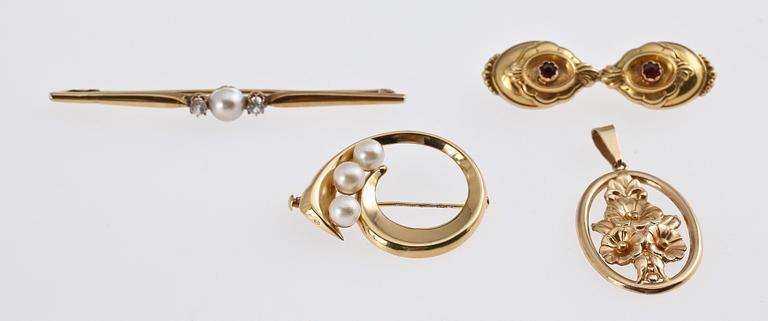 PARTI GULD, 4 delar, 18k guld, bl a Finland, sent 1800-tal - 1900-talets mitt. Tot ca 12 gr.