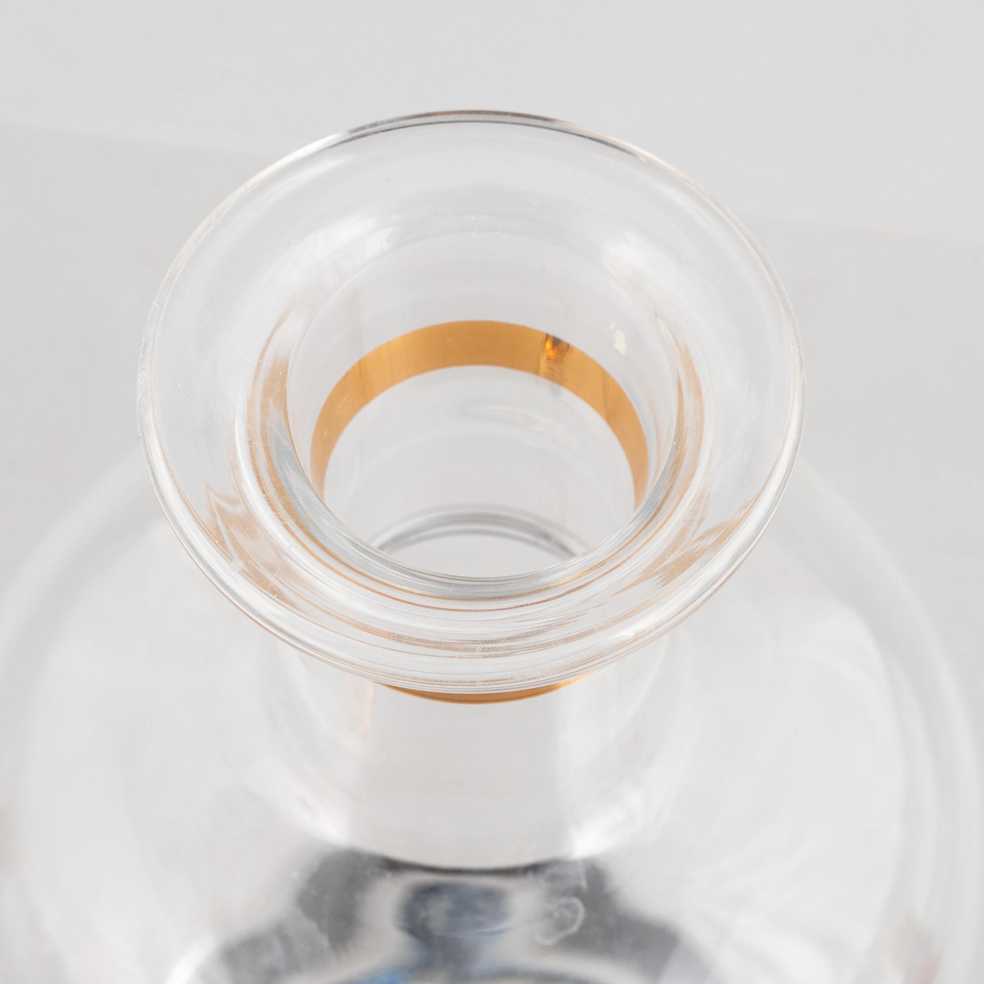 Gunnar Cyrén, eight 'Nobel' schnapps glass and a decanter with stopper, Orrefors, Sweden.