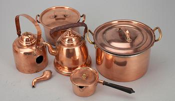 KANNOR, 6 st samt KASTRULLER 3 st, koppar, 1800-1900-tal.
