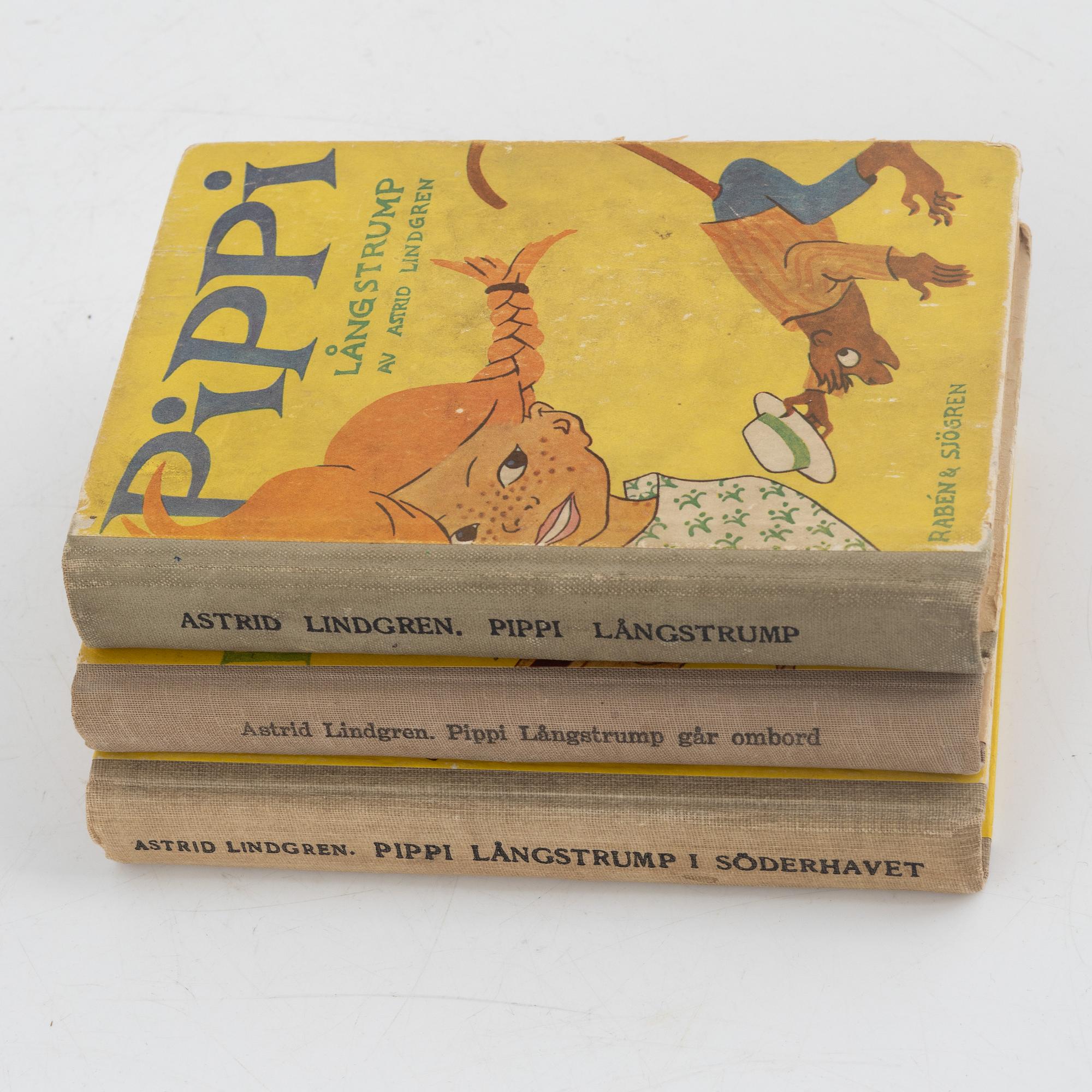 Böcker, 3 st, Astrid Lindgren, Pippi Långstrump, Först upplagor, Rabén & Sjögren, Stockholm, 1945-48.