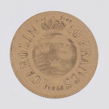 GULDMYNT, 1 Carolin / 10 Francs, Karl XV, Sverige och Norge 1868. Vikt ca 3 gram.