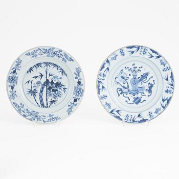 A group of Chinese blue and white porcelain: dish, vase, three cups and two plates. 18th and 20th century.