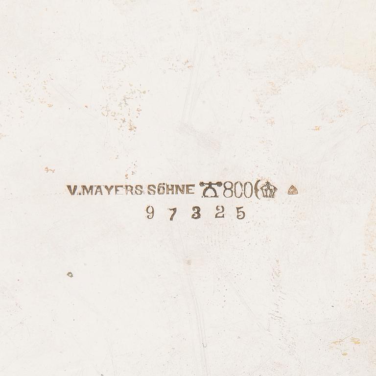 A German silver tray, mark of M.H. Wilkens & Söhne, Austrian import mark, retailer mark of V. Mayers Söhne, 1891-1901.