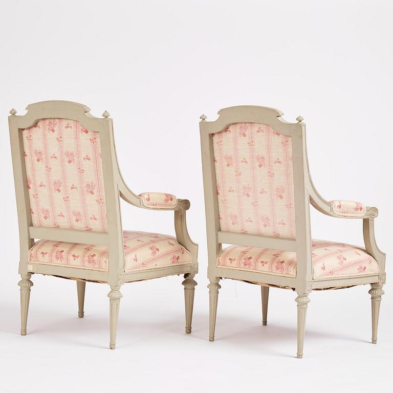 A pair of Gustavian open armchairs, Stockholm, late 18th century.