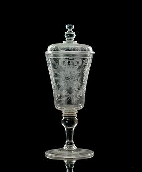 A large engraved late baroque armorial goblet with cover, Kungsholms glasbruk, first half of 18th Century.