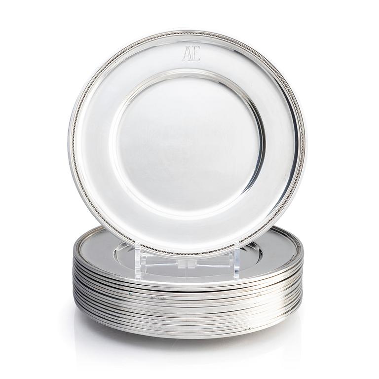 Atelier Borgila, a set of 18 sterling silver plates with monogram, Stockholm 1948.