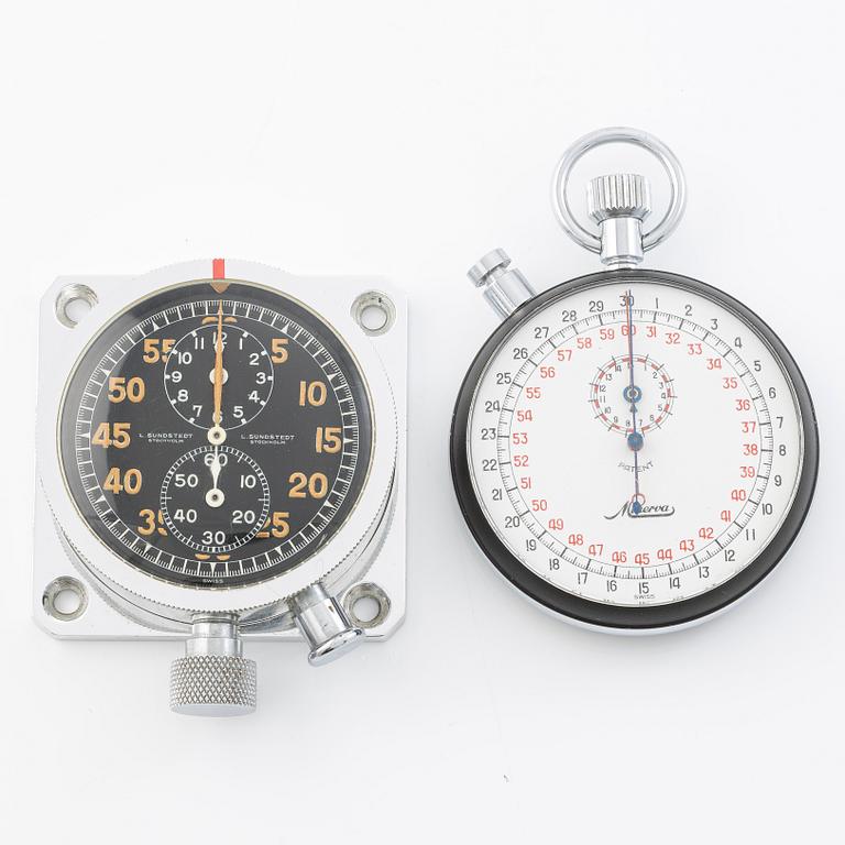 Two rally stopwatches, L. Sundstedt, Stockholm and Minerva, provenance from the Swedish Rally to the Midnight Sun.