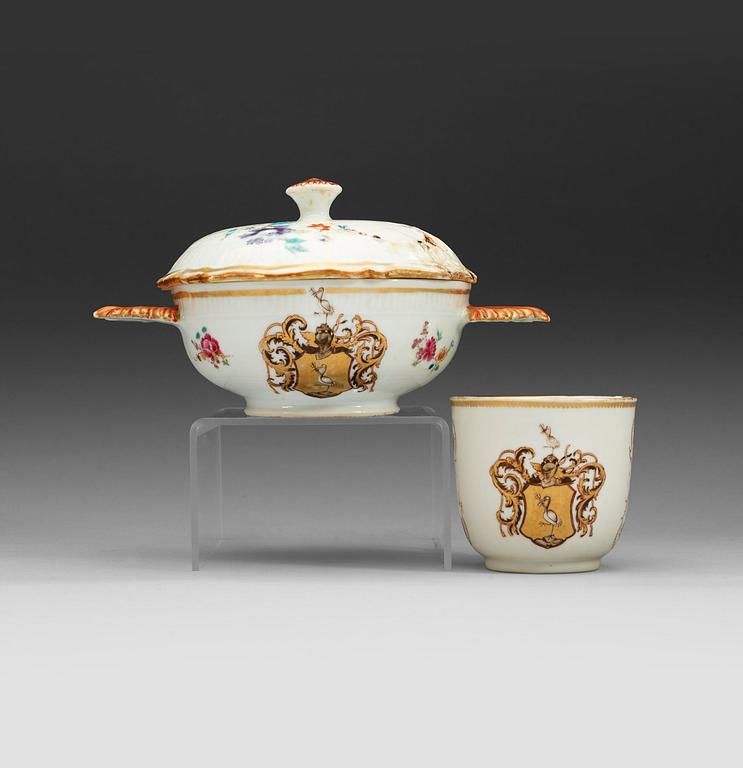 A famille rose armorial bowl with cover and a cup with the arms of Grill. Qing dynasty Qianlong (1736-95).