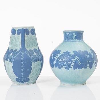 Josef Ekberg, vases, 2 pcs, flint porcelain, "Sgraffito", Gustavsberg 1914 and 1920.