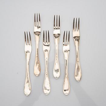 Dessert forks, 6 pcs, silver, possibly early 19th century.