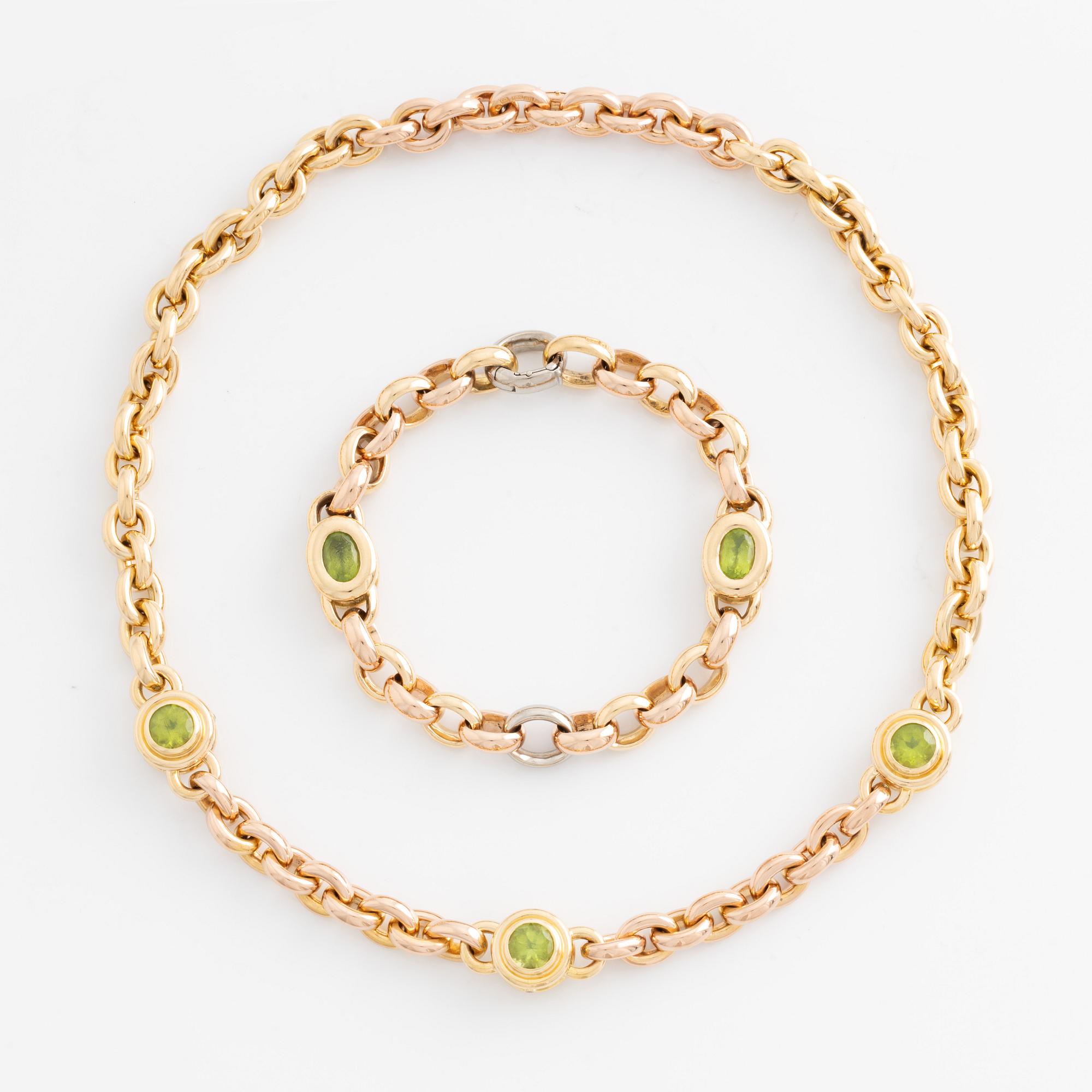 Gaudy, necklace and bracelet with peridot and aquamarines.