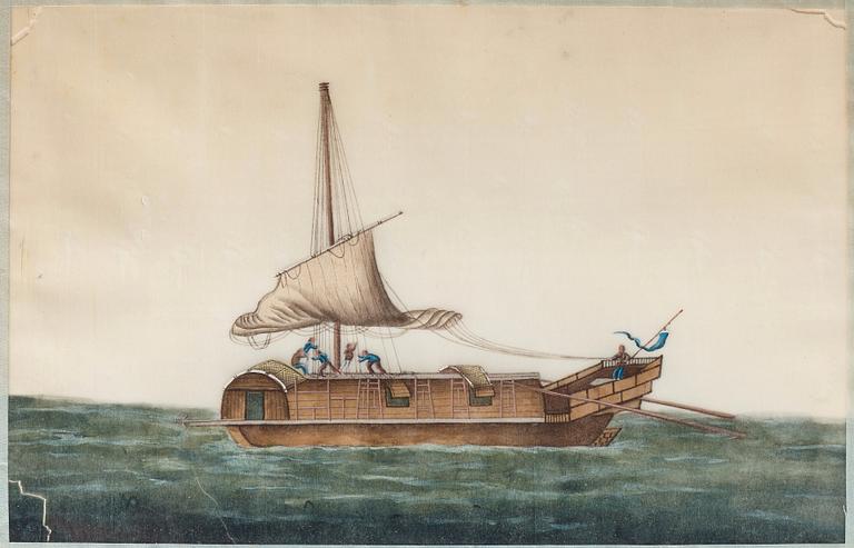 MÅLNINGAR, sex stycken, tusch och akvarell på rispapper. Kina, Qingdynastin, 1800-tal. "Djonker".