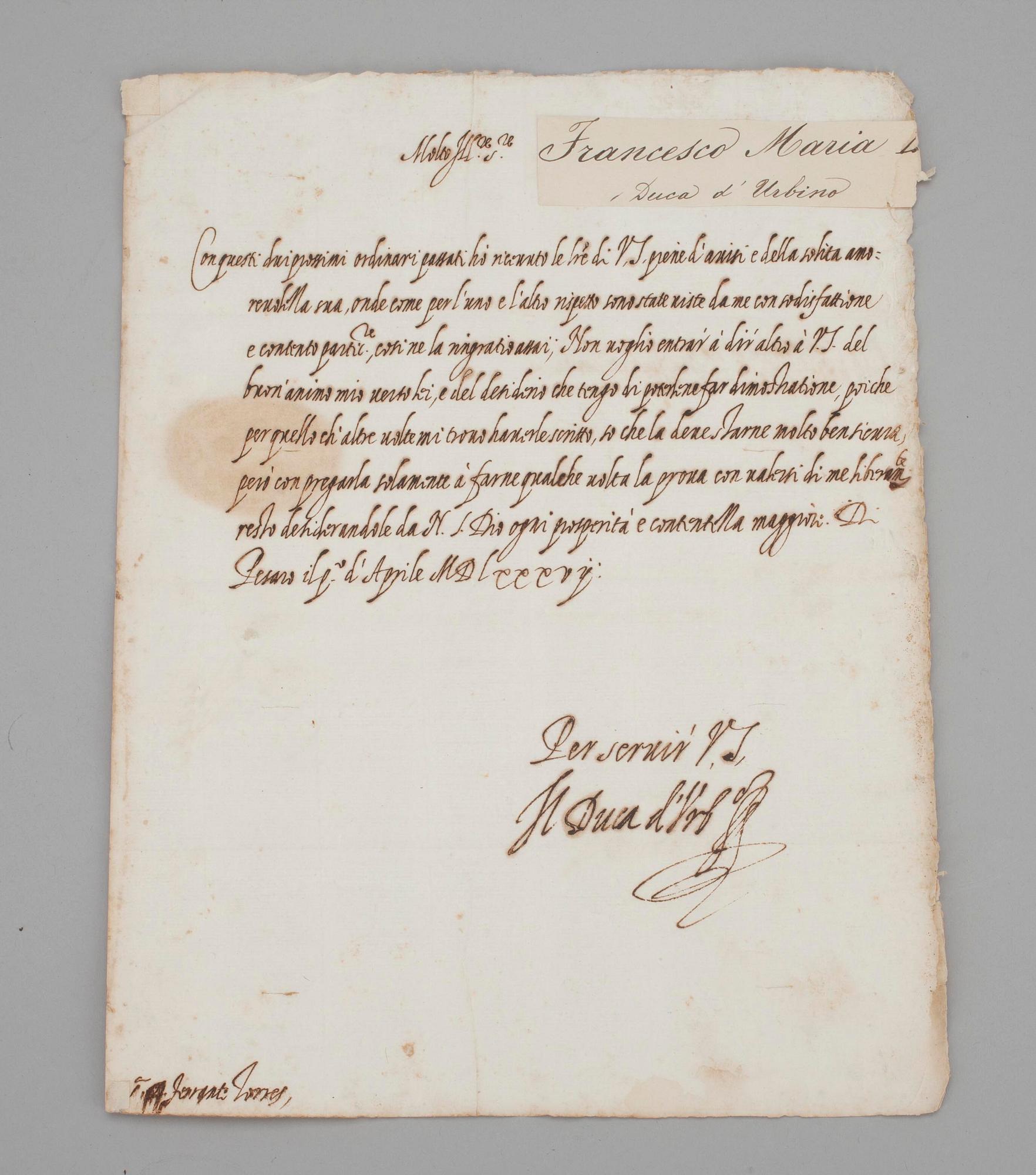 BREV, 2 st, ett undertecknat Guidobaldo, det andra undertecknat "Il Duca d'Urb", Pesaro, Italien 1500-tal.