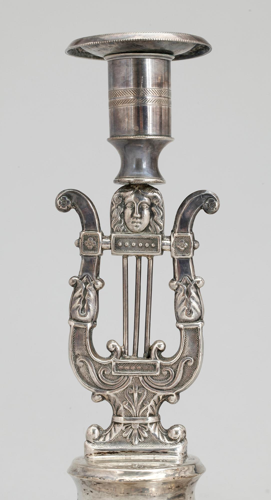 LJUSSTAKAR, ett par, silver, Petter Adolf Sjöberg, Stockholm 1828. Empire.