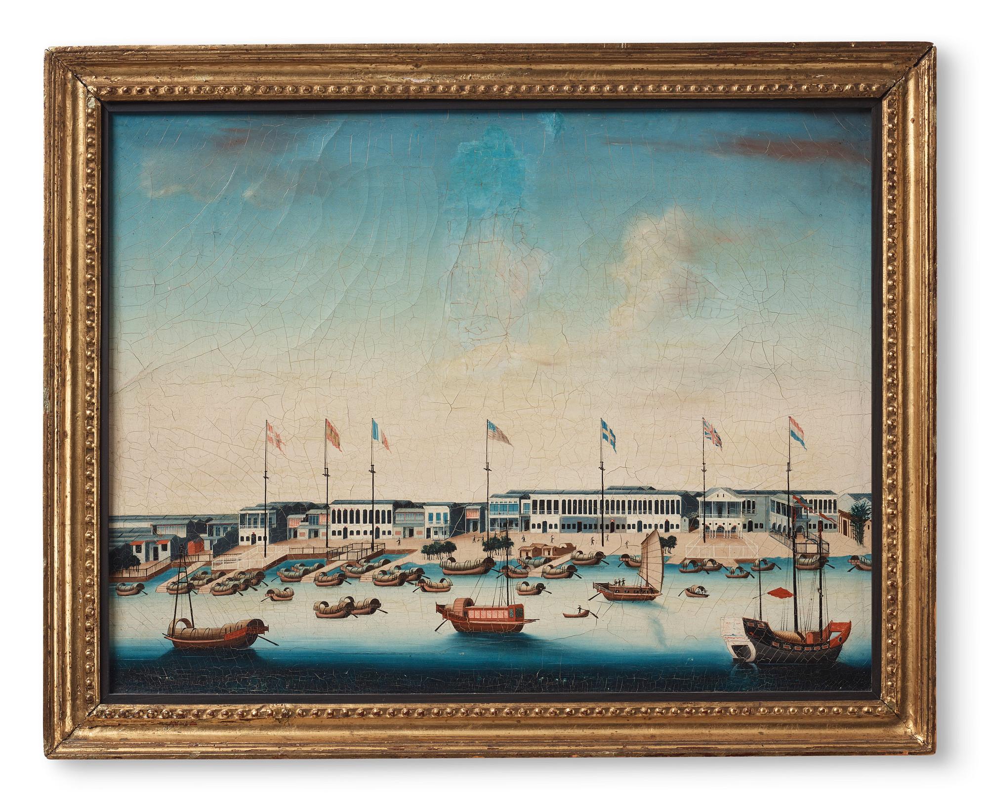 Målning, okänd konstnär, vy över Kanton. Qingdynastin, omkring år 1800.