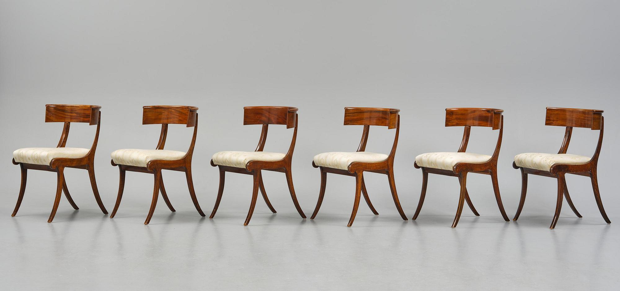 A set of six Danish Empire mahogany 'Klismos' chairs, Copenhagen, early 18th century.