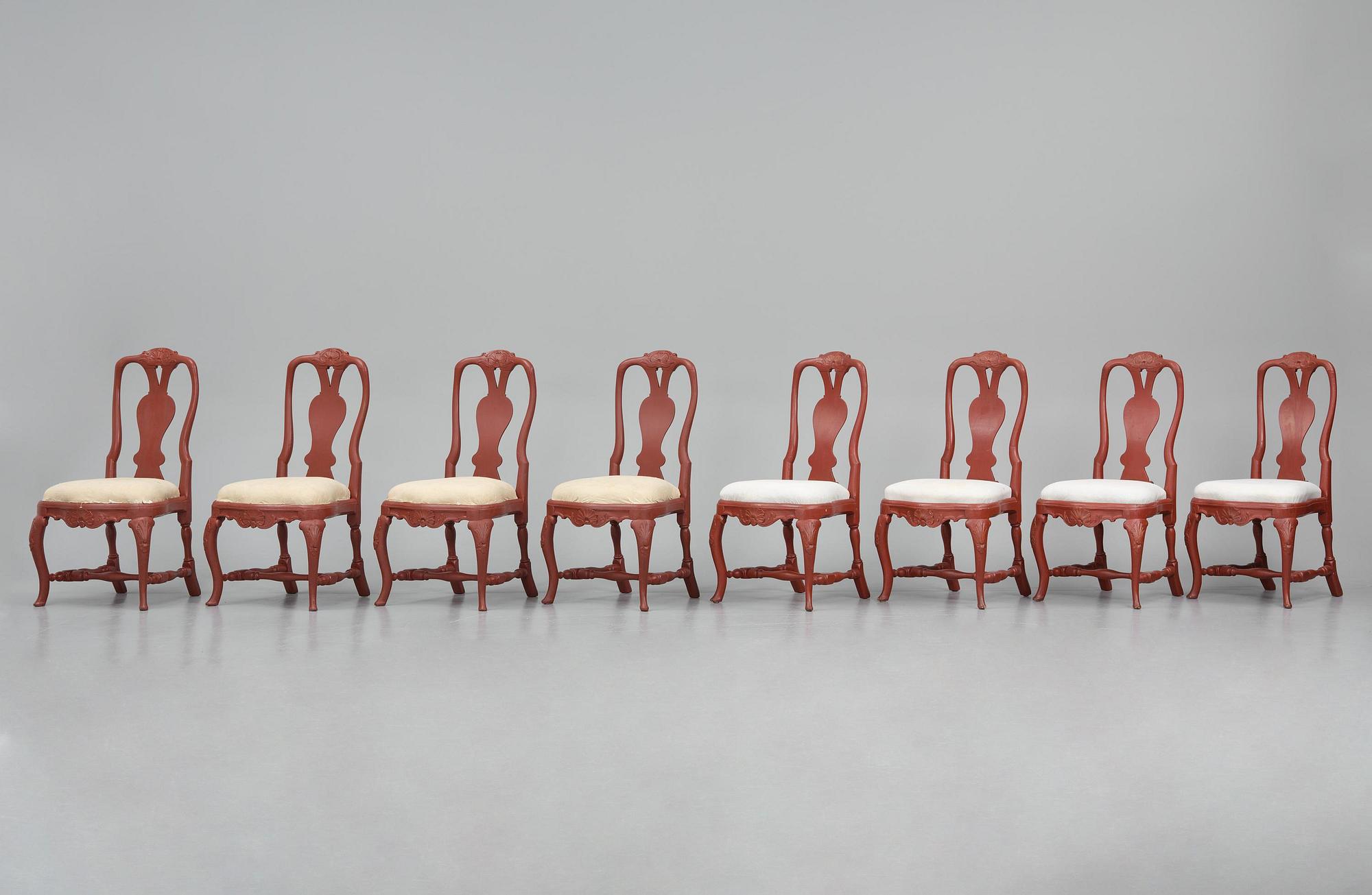 A set of eight Swedish rococo chairs, Stockholm, 18th century.