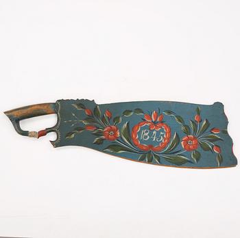 A painted traditional folk art flax knife, Trönö Hälsingland 1845.