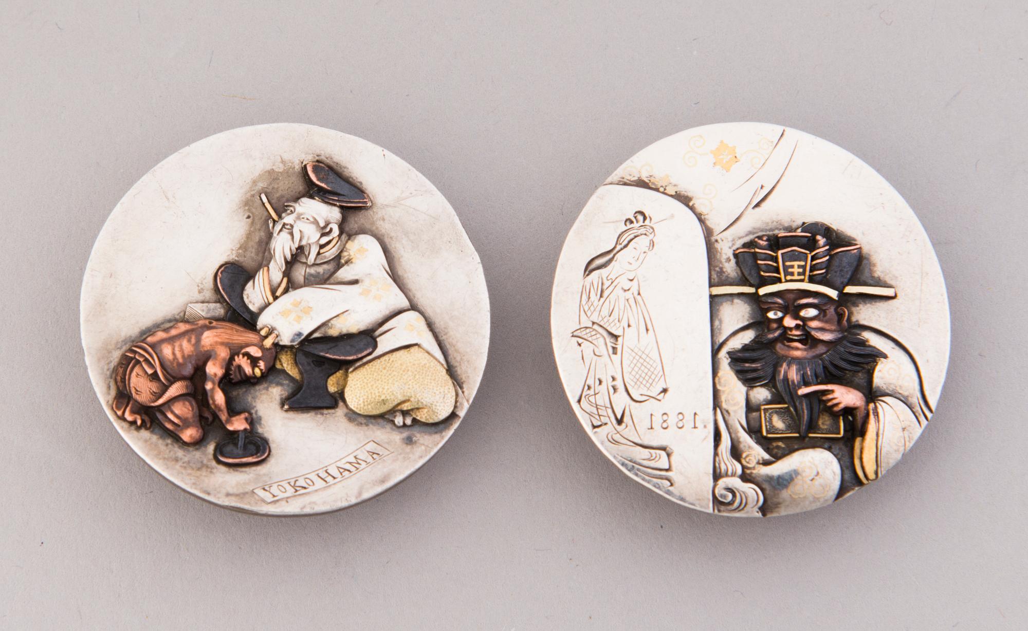 CIGARETTE CASE, silver, Auran kultaseppä, Turku 1951 and CUFFLINKS, silver, Japan late 19th century.