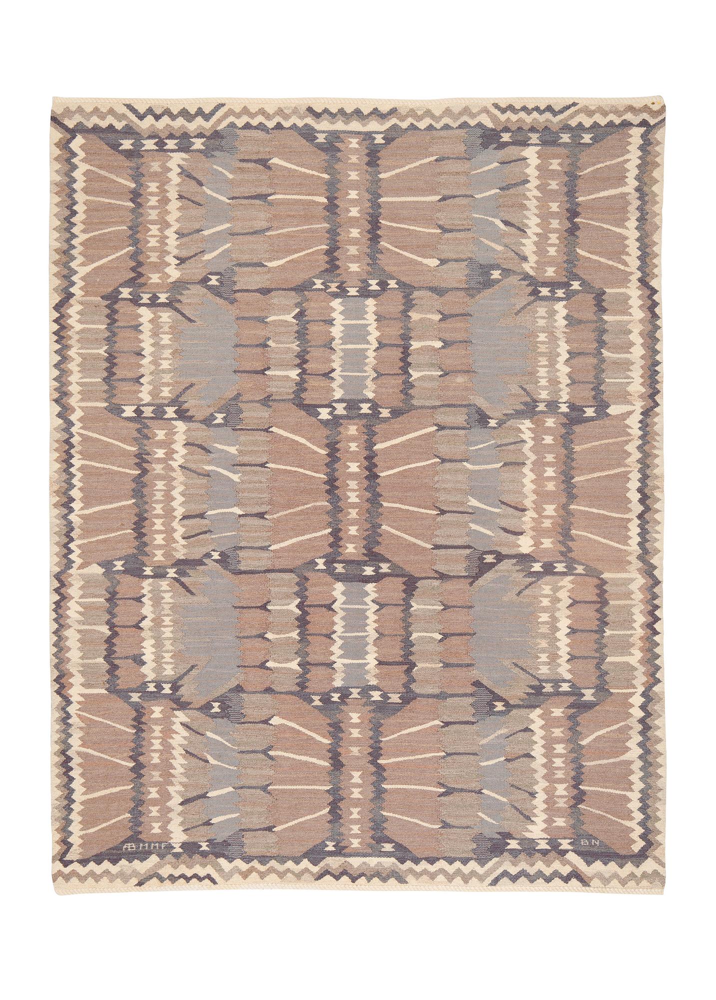 Barbro Nilsson, matta, "Strålblomman grå", gobelängteknik, ca 282,5 x 216 cm, signerad AB MMF BN.