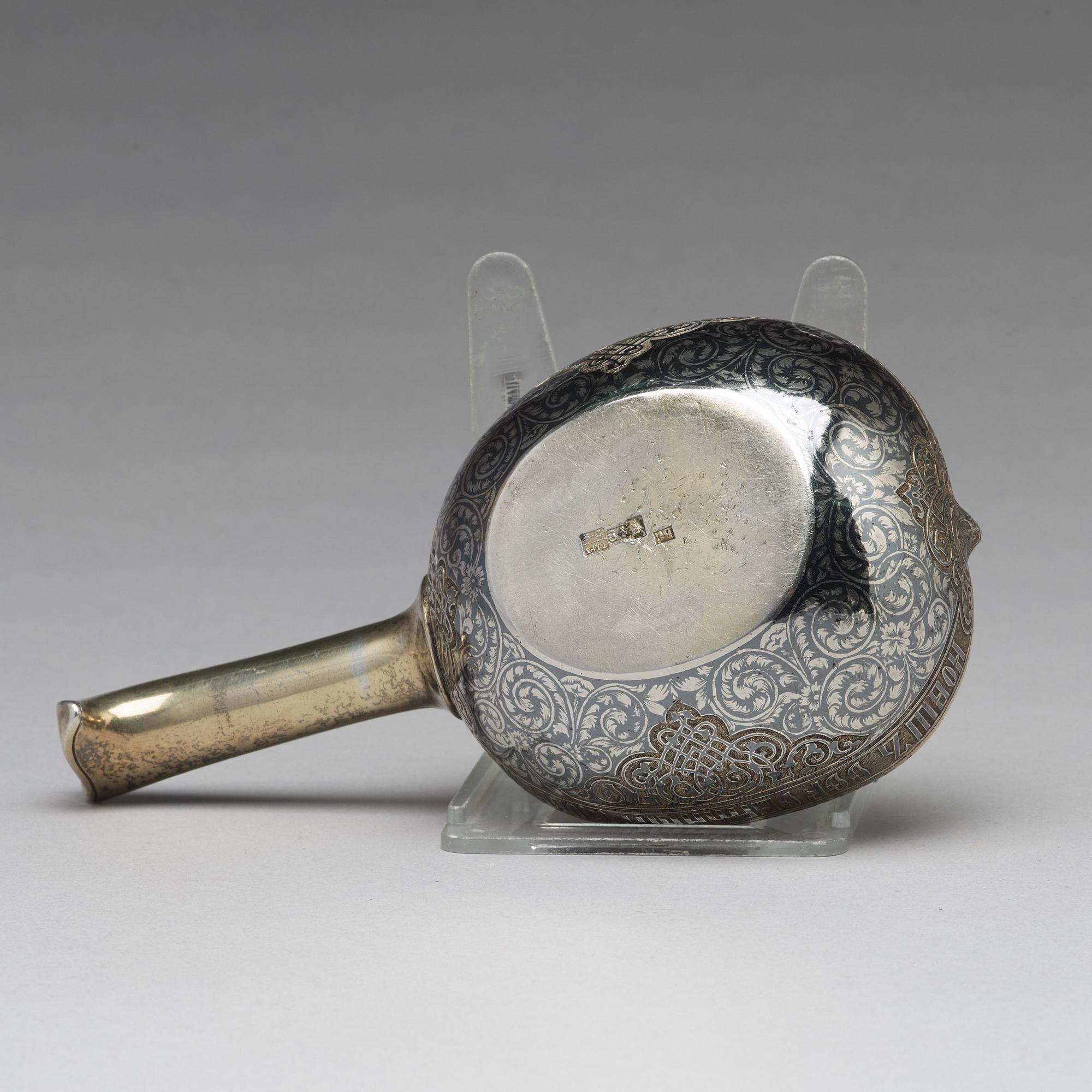 A Russian 19th century silver-gilt and niello kovsh, mark of Wasilij Semenow, possibly, Moscow 1872.
