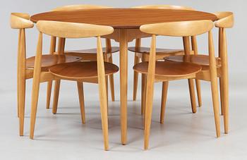 HANS J WEGNER, matgrupp, 6 st "Hjertestolen" och bord, Fritz Hansen, Danmark ca 1963.