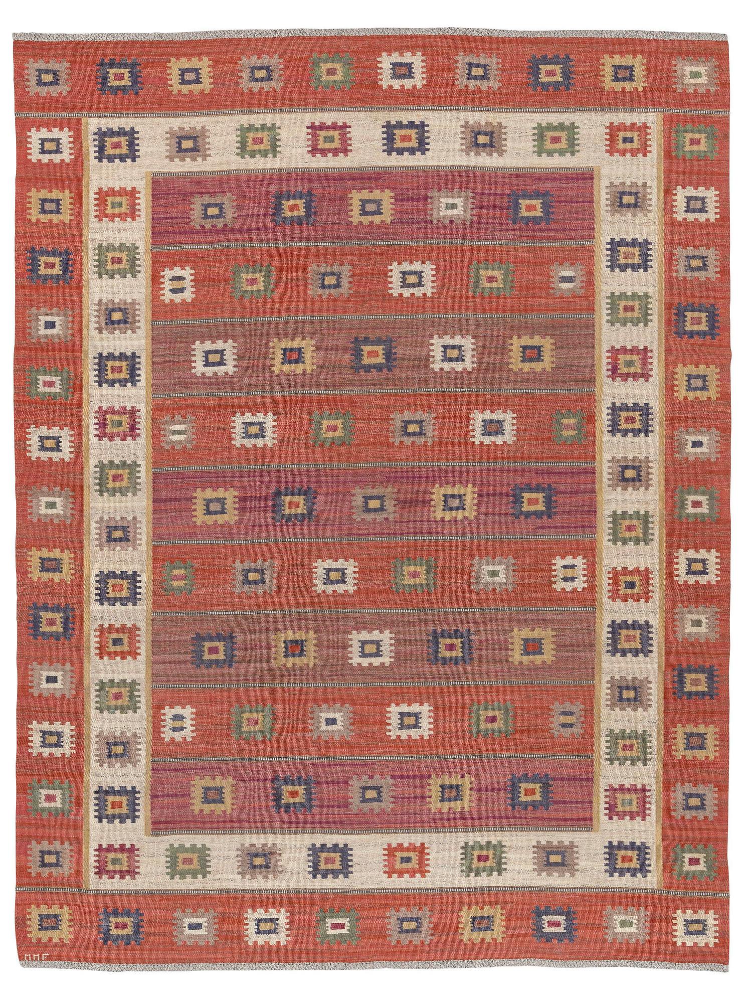 Märta Måås-Fjetterström, a flat weave 'Röd grön äng' carpet, c. 402 x 305 cm, signed MMF.