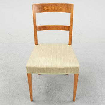 A set of six oak chairs decorated with walnut veneer and inlay, Mobilia Malmö.