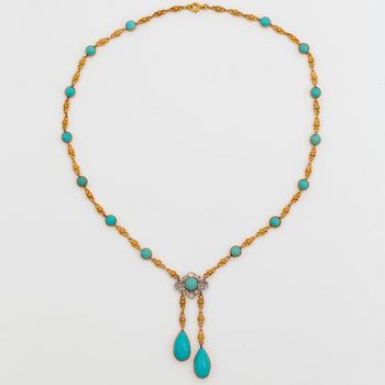 1090. An 18K gold and platinum necklace set with turquoises and old-cut diamonds.