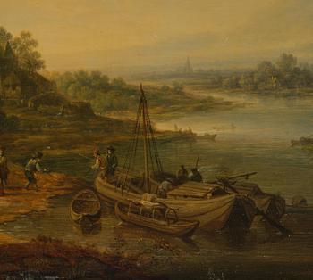 Christian Georg Schütz, Pastorala flodlandskap med figurer och båter, ett par.