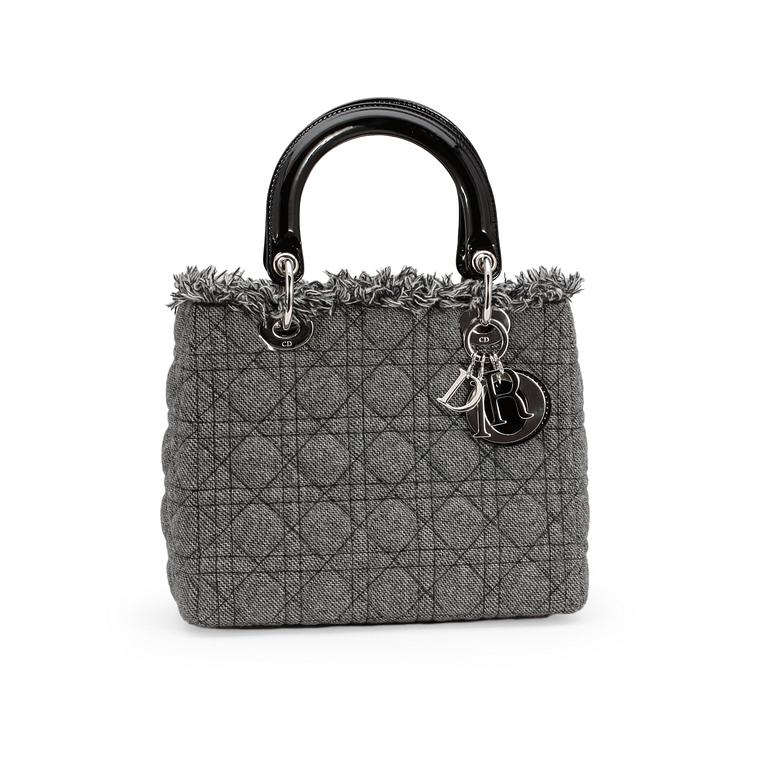 CHRISTIAN DIOR, a a grey fabric leather "Lady Dior" bag.