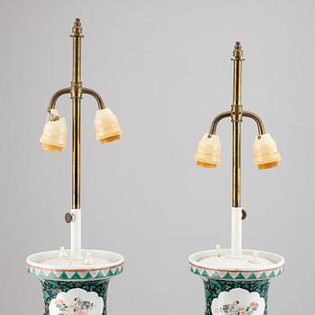 A pair of Chinese famille verte vases turned into table lamps, 20th century.