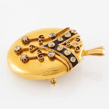 Medaljong/hänge 18K guld med emalj och gammalslipade diamanter.