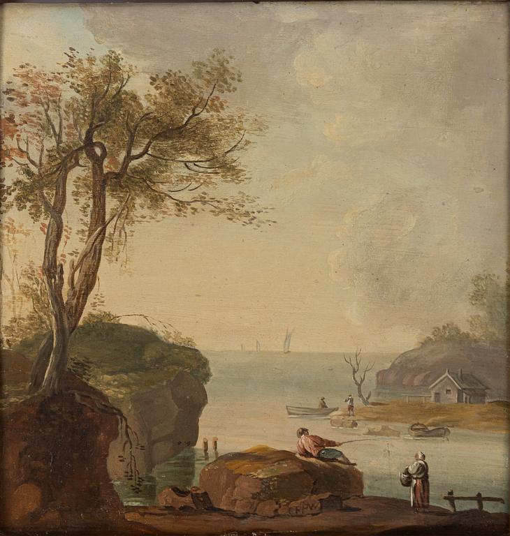 Unknown artist, circa 1800, Coastal landscape with figures, a pair.