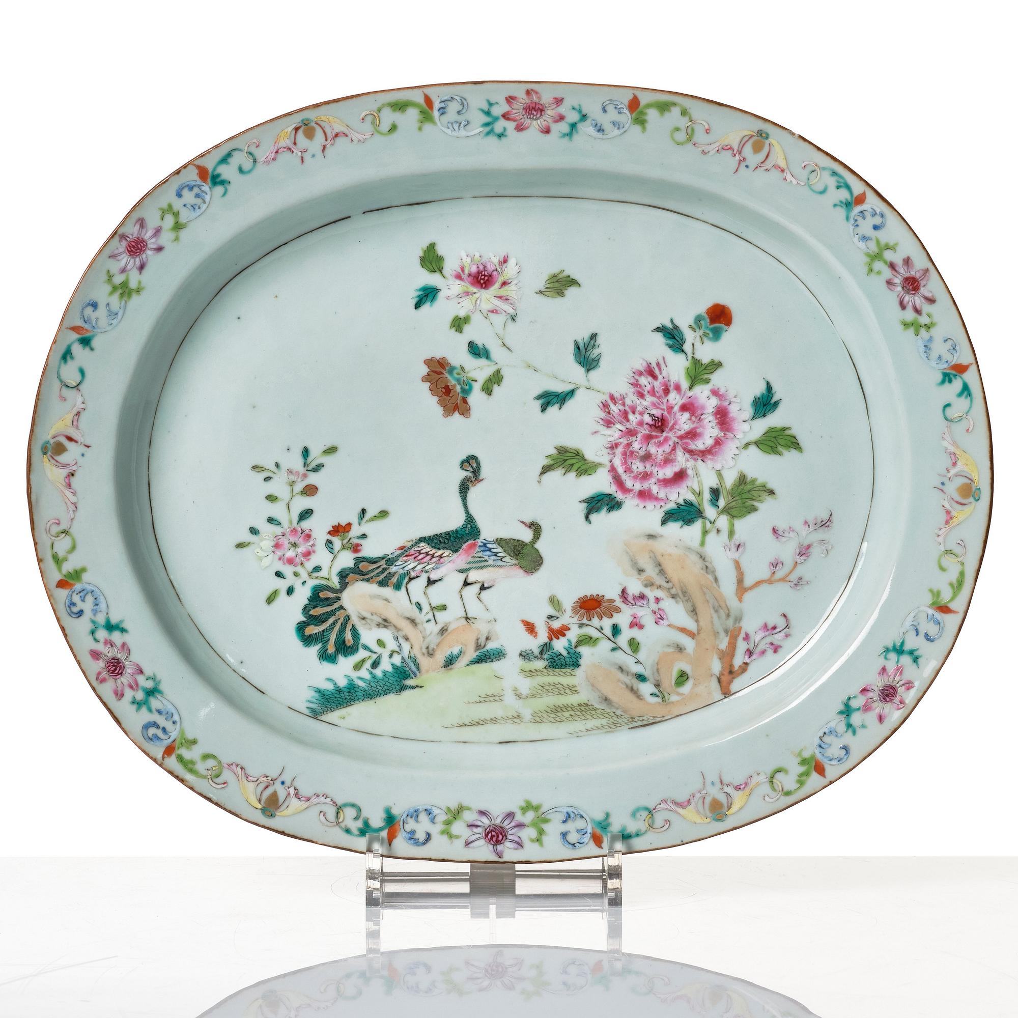 A famille rose 'double peacock' tureen with cover and stand. Qing dynasty, Qianlong (1736-95).