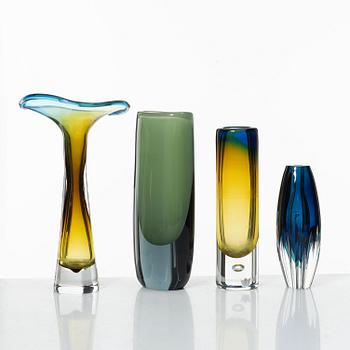Vicke Lindstrand, four vases, Kosta, mid-20th century.
