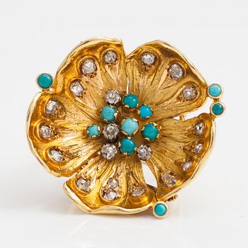 LOTTA ORKOMIES. An 18K gold ring with turquoises and old mine-cut diamonds ca. 0.90 ct in ttl. A Tillander Helsinki 1974.