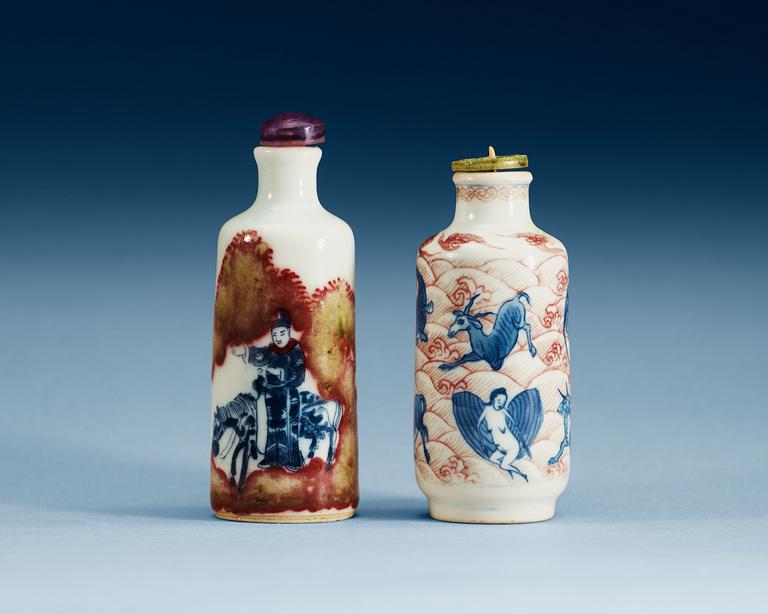 Two underglaze red and blue snuff bottles, Qing dynasty.