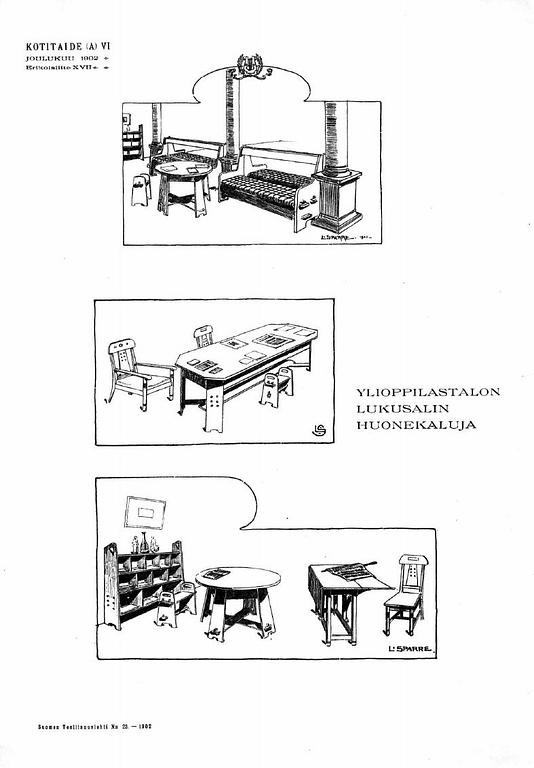 LOUIS SPARRE, TUOLIPARI. Ylioppilastalon lukusalin tuolit, Iiris tehtalle noin 1900.