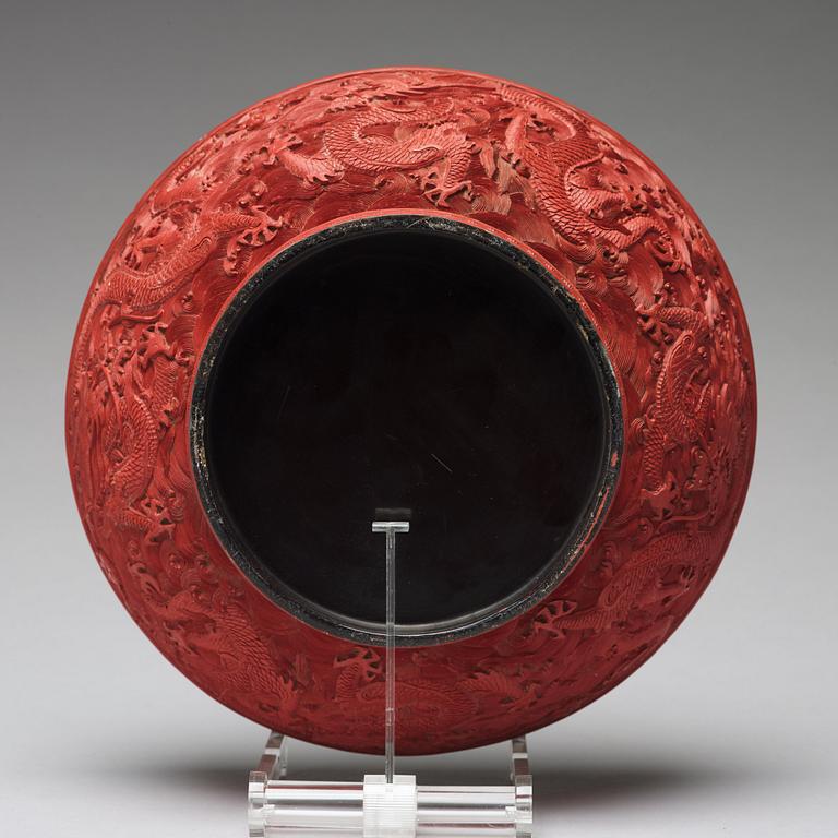 A carved red dragon box with cover, Qing dynasty (1662-1912).