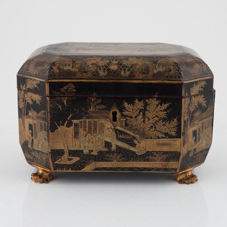 A lacquer box with pewter tea caddies, China, Qingdynasty, 19th century.