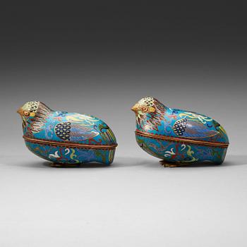 147. A pair of cloisonné quail tureens with covers, Qing dynasty, (1664-1912).