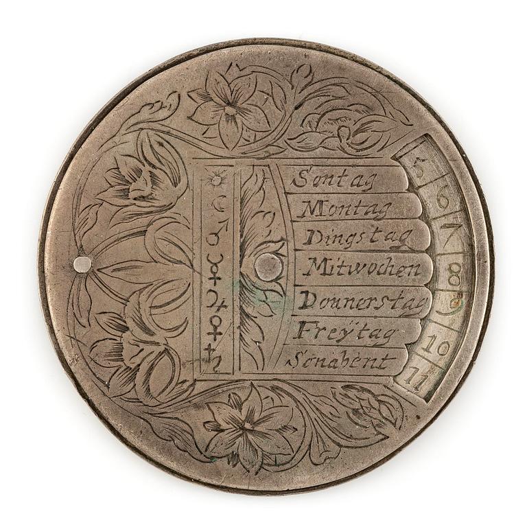 Evighetskalender, silver. Tidigt 1700-tal, troligen Augsburg. Barock.