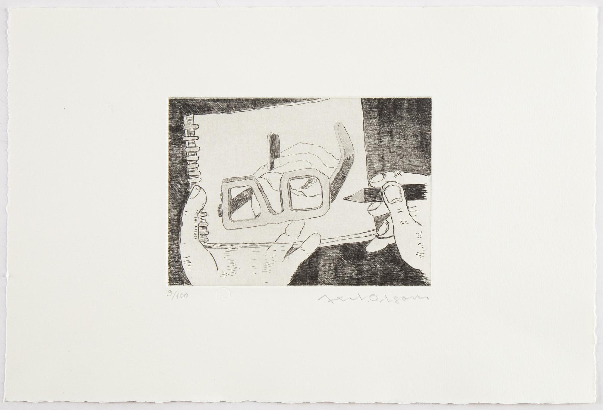 Axel Olson, mapp med tre torrnålsetsningar, 1984, signerade 9/100.